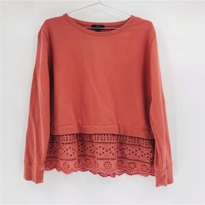 J Crew Eyelet Lace Ruffle Hem Long Sleeve Pullover - Rusty Clay